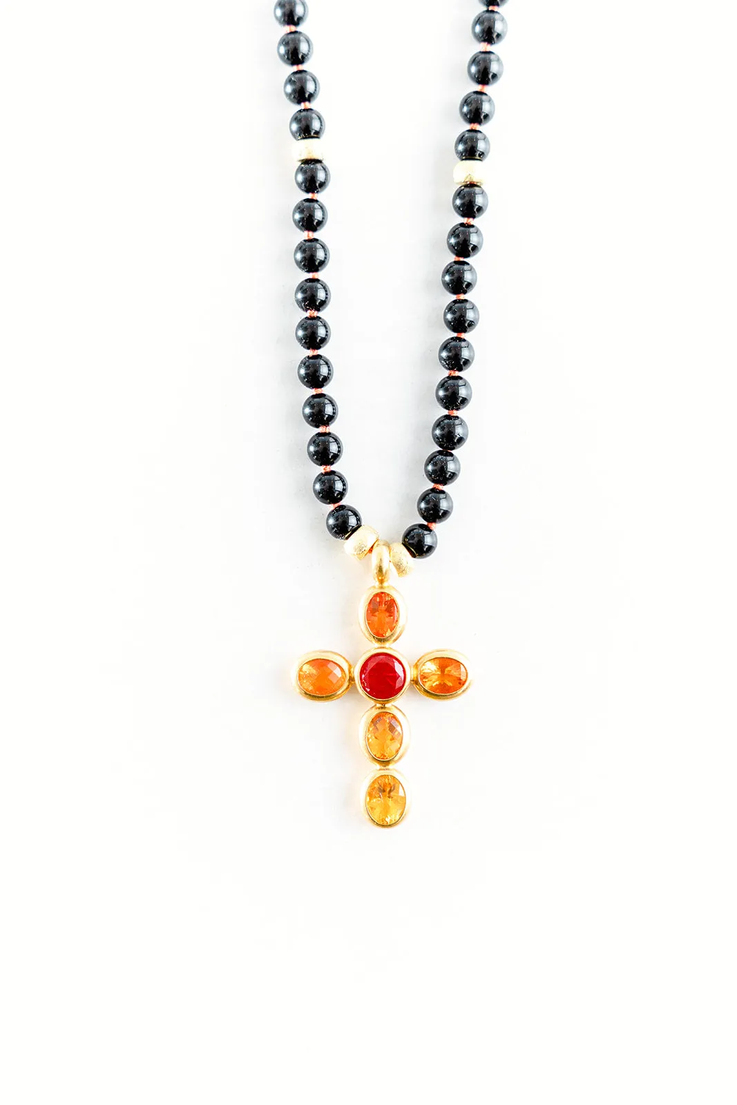30" Black Onyx Necklace with 22K Yellow Gold Faceted Orange and Yellow and Blood Orange Fire Opal Cross