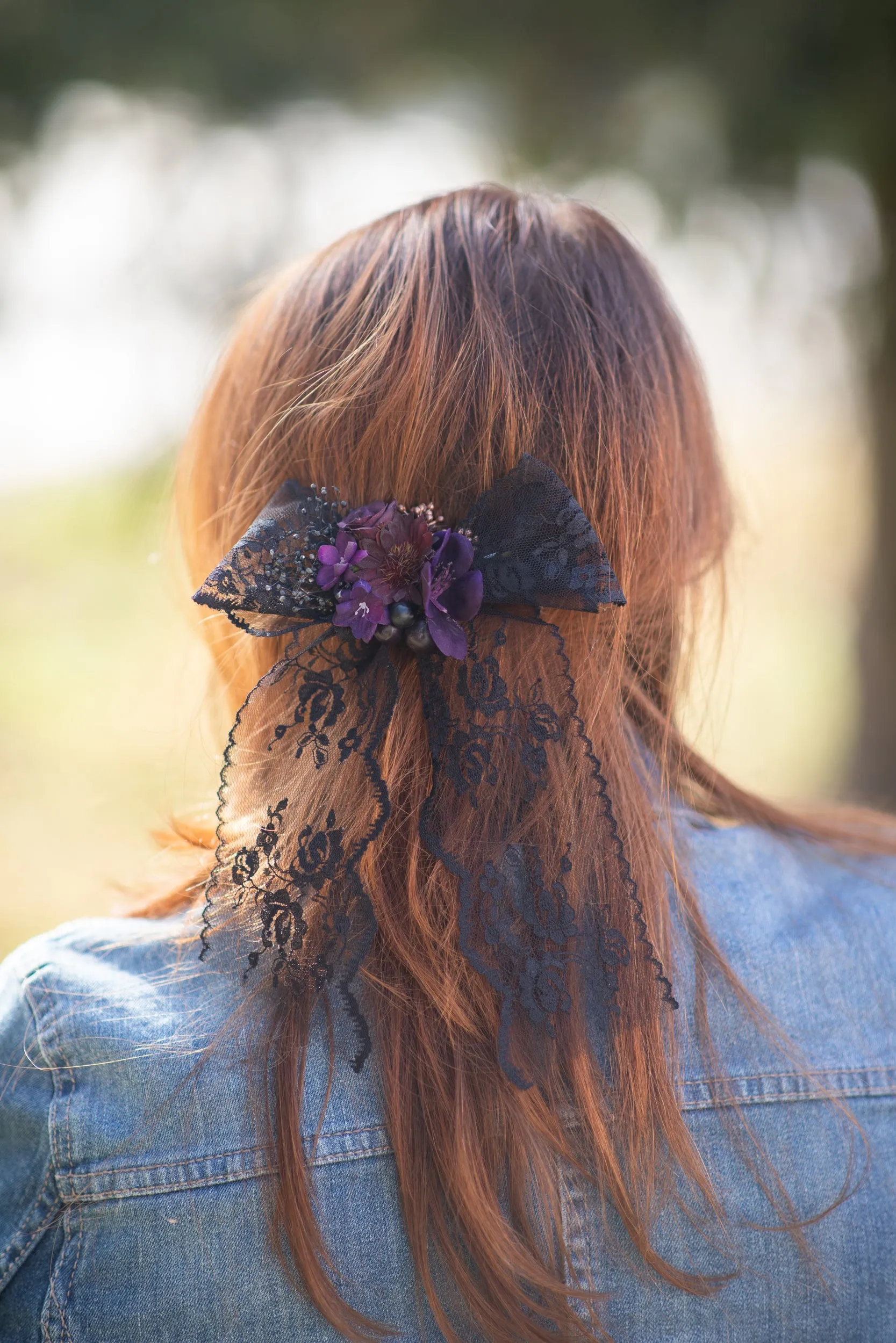 Black and purple hair bow Black lace flower hair bow Barrette flower clip Magaela Hair accessories Ponytail clip Handmade barrette 2021