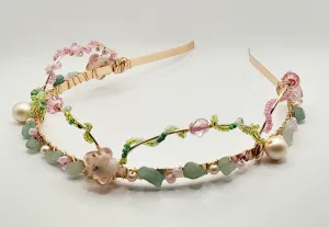 Blossom - Gold Handwired With Pink Pearls, Green Aventurine,  and Glass Beads Headband