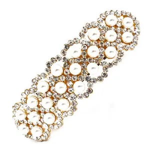 Bridal Wedding Jewelry Crystal Rhinestone Pearl 3-Row Hair Barrette Clip Gold