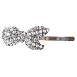 Bridal Wedding Jewelry Crystal Rhinestone Pearl Ribbon Design Hair Pin Silver