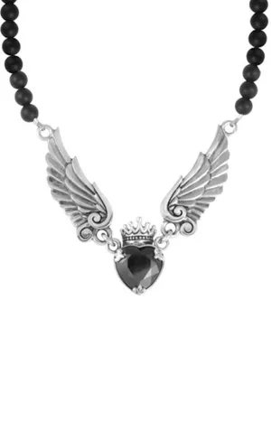 Crowned Black CZ Heart Onyx Bead Necklace