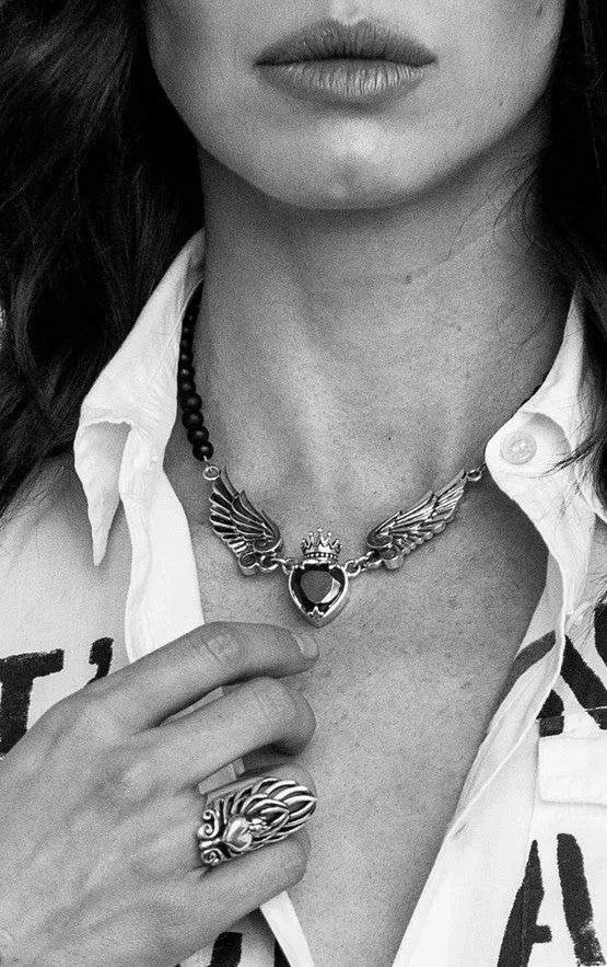 Crowned Black CZ Heart Onyx Bead Necklace