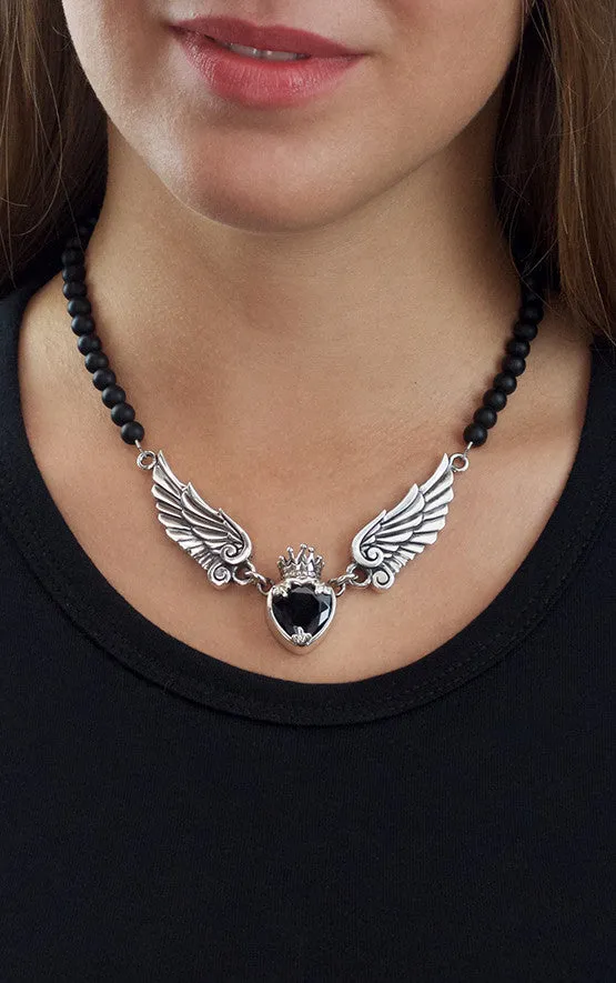 Crowned Black CZ Heart Onyx Bead Necklace