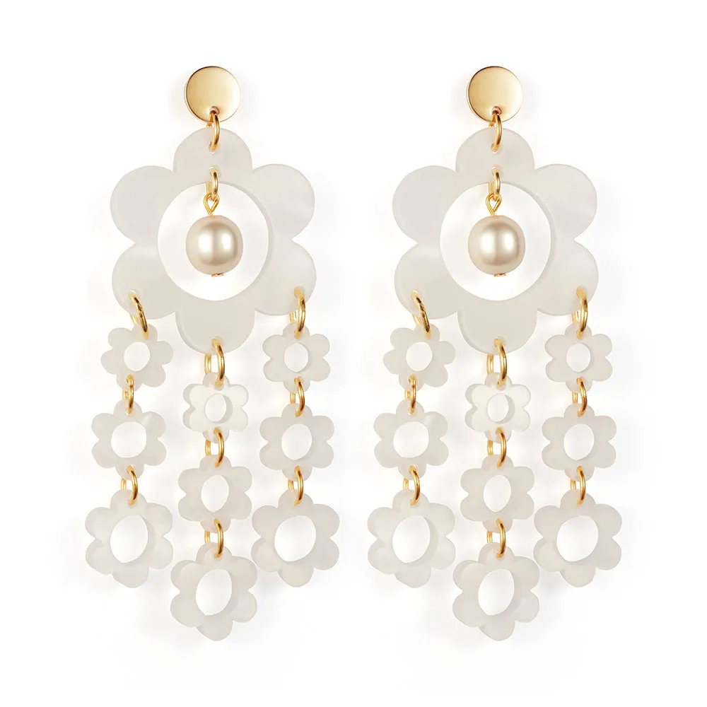 Flower Chandelier Earrings - White Pearl - 23EFCwp