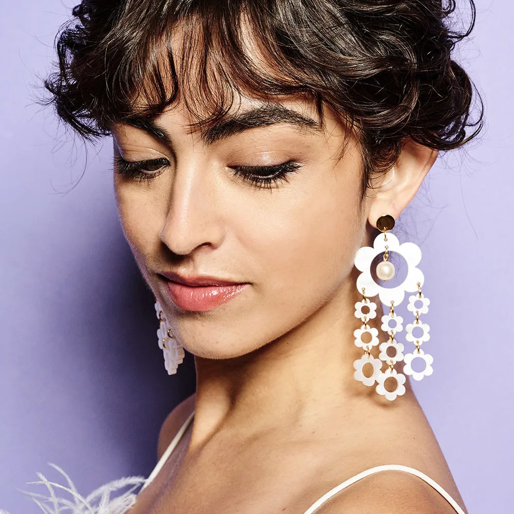 Flower Chandelier Earrings - White Pearl - 23EFCwp
