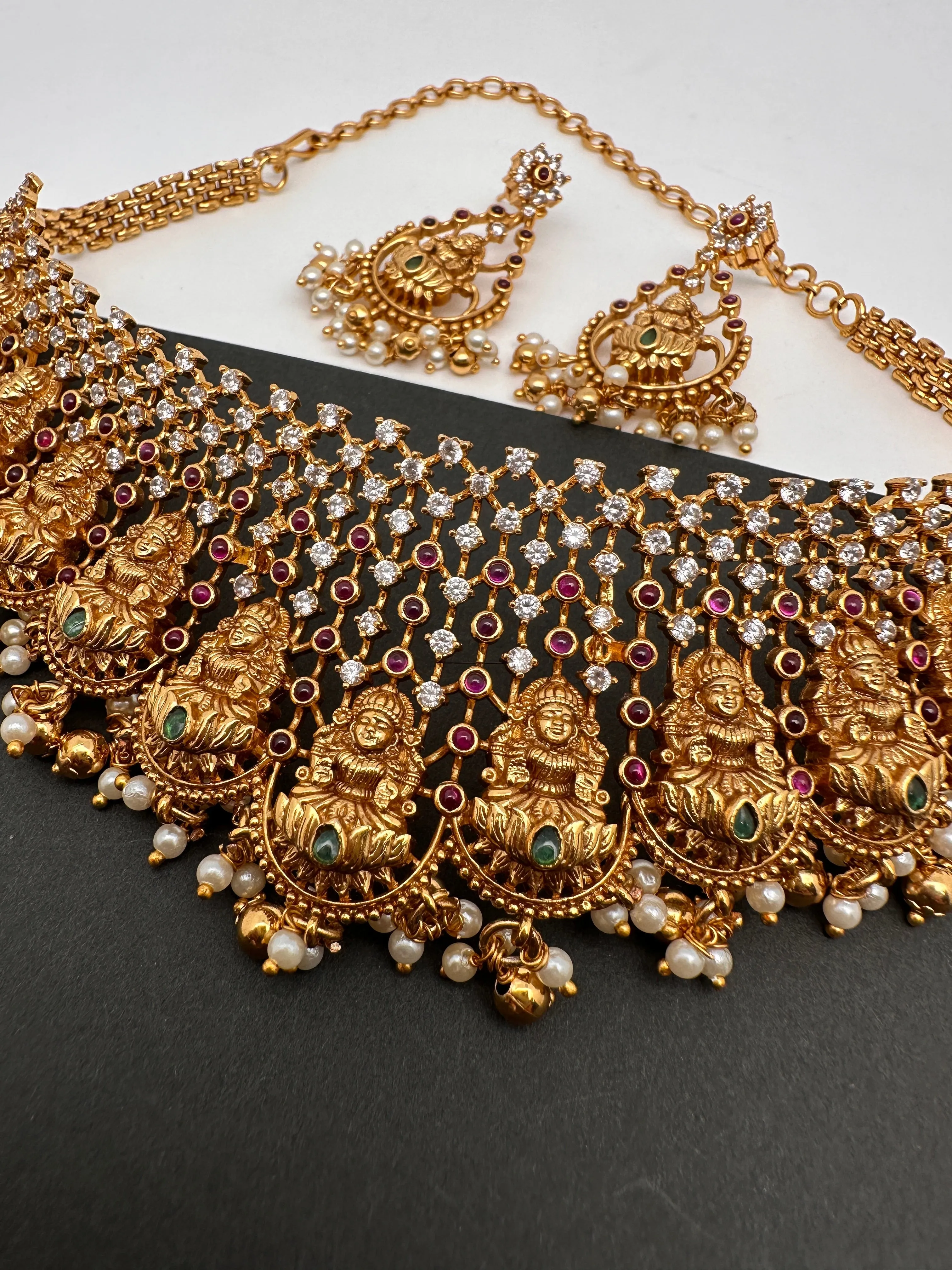 Goddess Lakshmi Premium Matte Finish CZ Red Stone Nakshi Choker