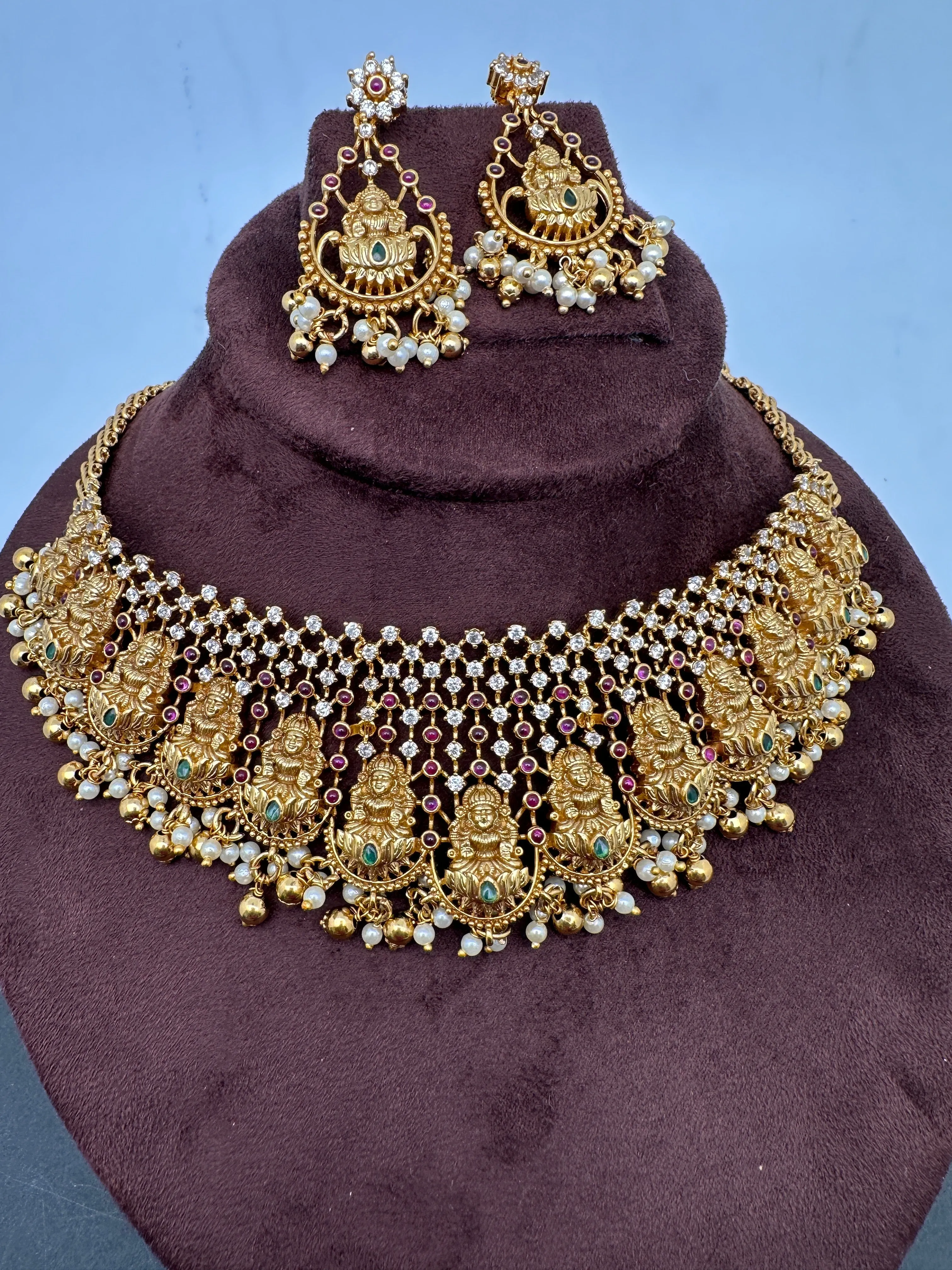 Goddess Lakshmi Premium Matte Finish CZ Red Stone Nakshi Choker