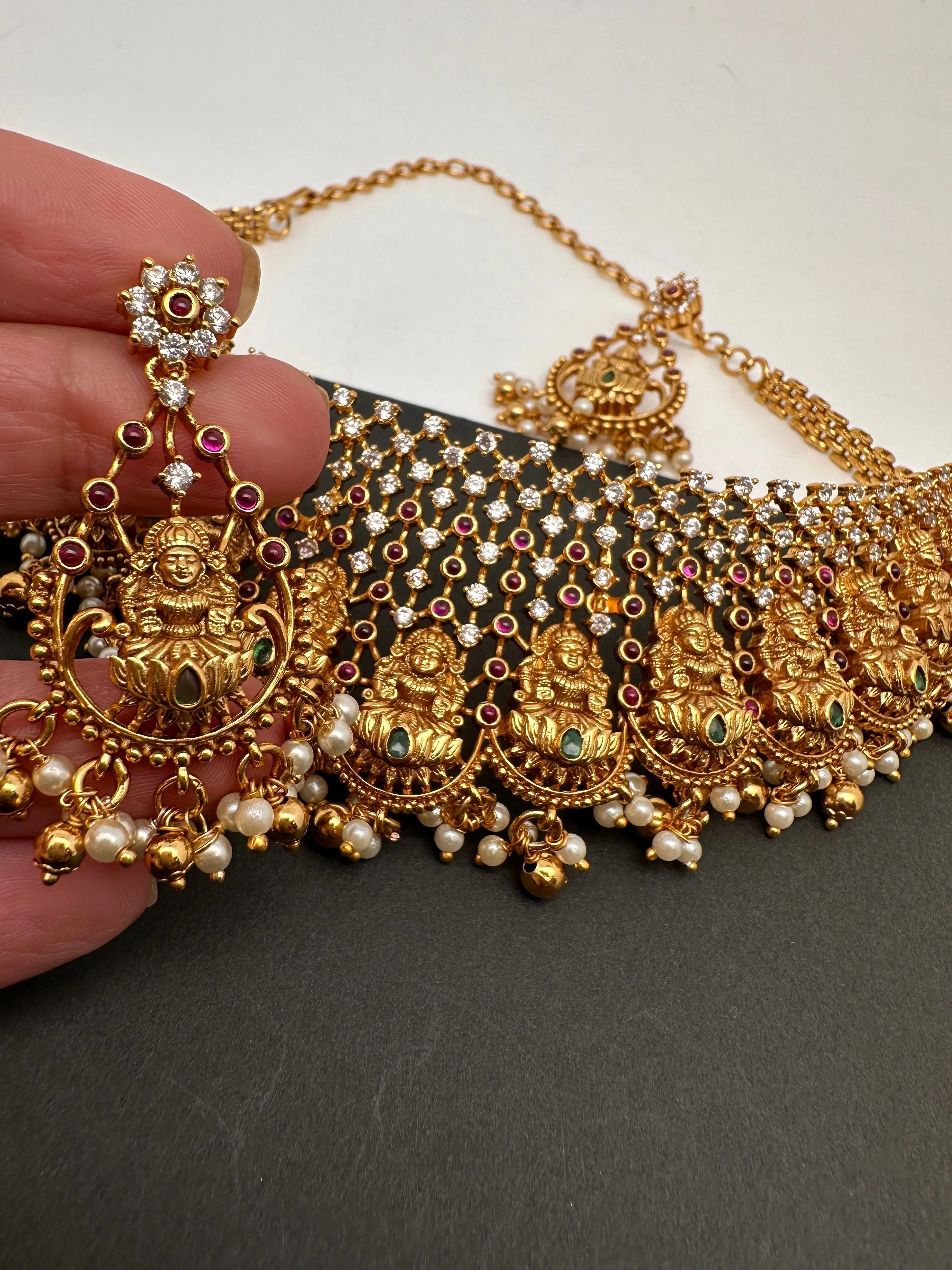 Goddess Lakshmi Premium Matte Finish CZ Red Stone Nakshi Choker