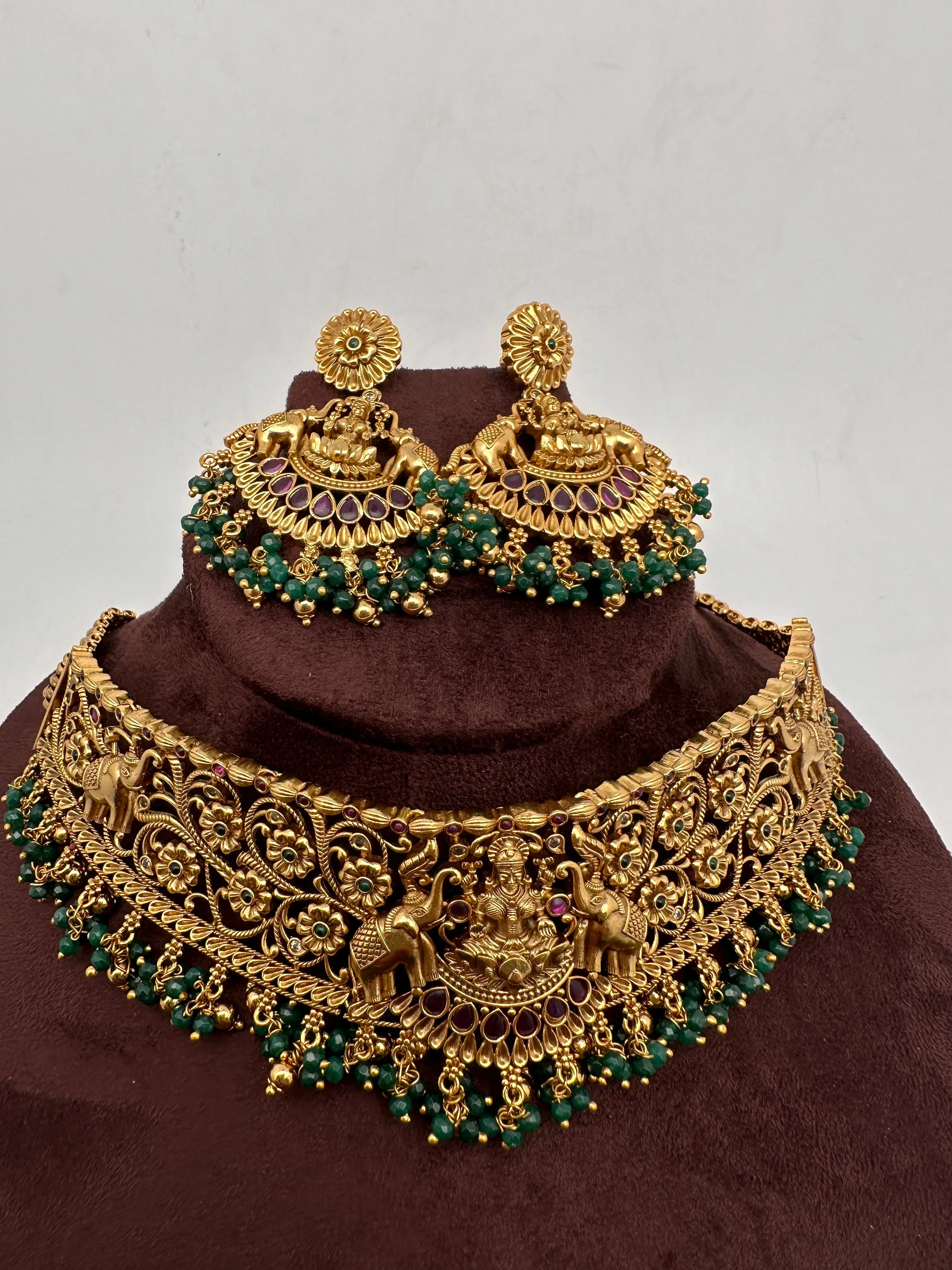 Goddess Lakshmi Premium Matte Finish Red Stone Green Beads Nakshi Choker
