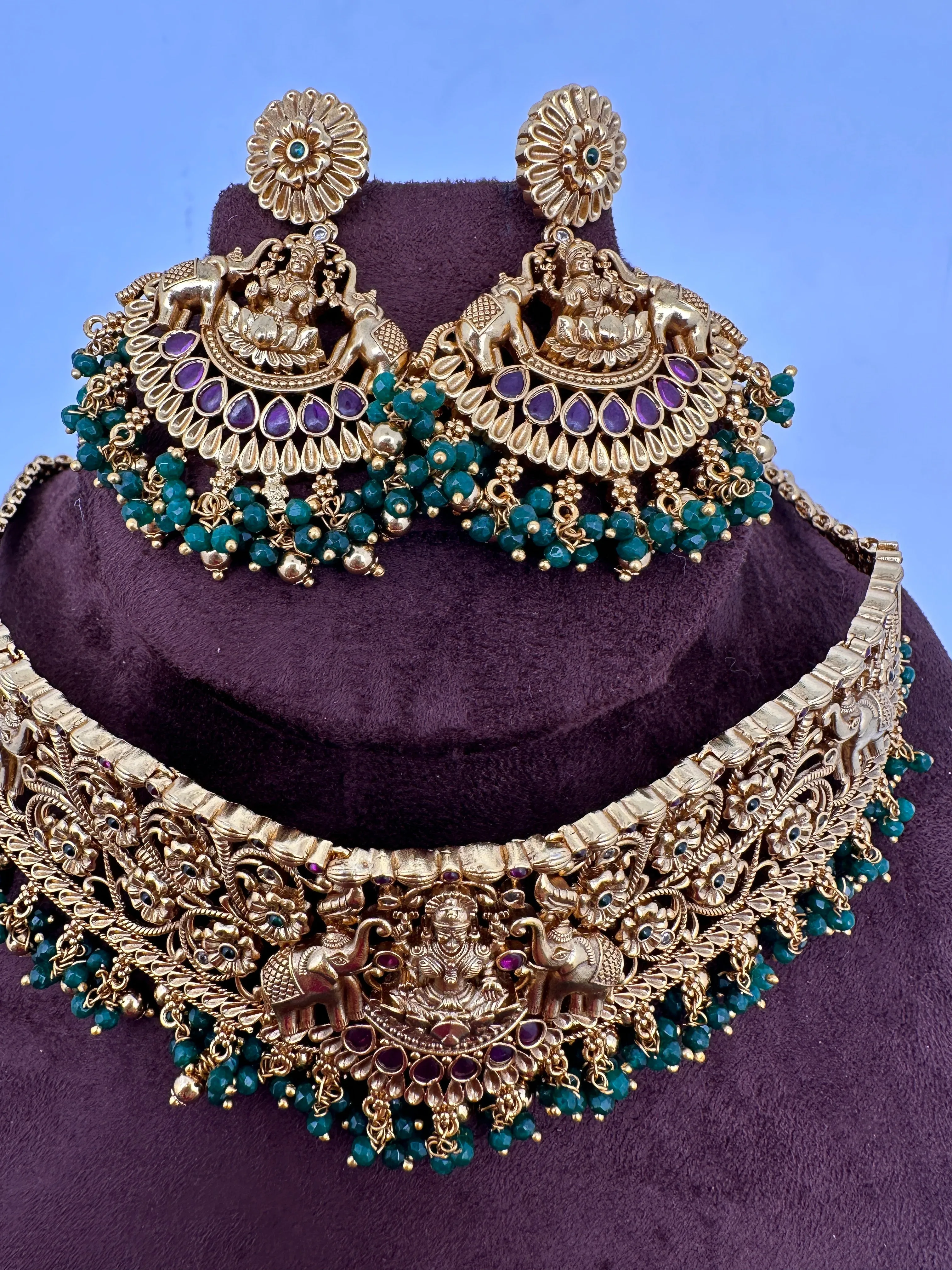 Goddess Lakshmi Premium Matte Finish Red Stone Green Beads Nakshi Choker
