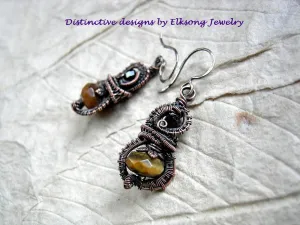 Lush Autumn Color Earrings, Copper Wire Wrap, Tiger Eye