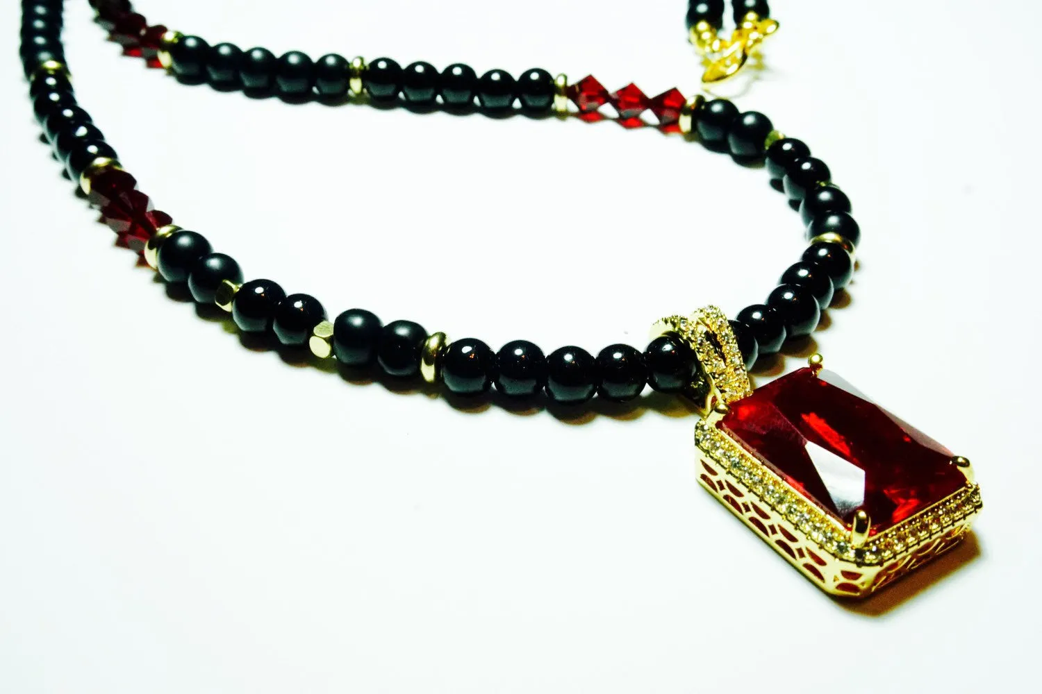 Men's "Quan" Ruby Jewel Pendant and Black Onyx Necklace