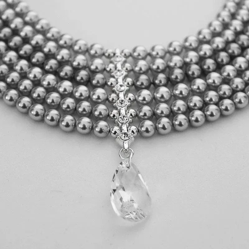 Multi Strand Grey Pearl Choker, Crystal Choker Necklace