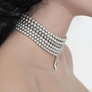 Multi Strand Grey Pearl Choker, Crystal Choker Necklace
