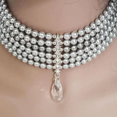 Multi Strand Grey Pearl Choker, Crystal Choker Necklace