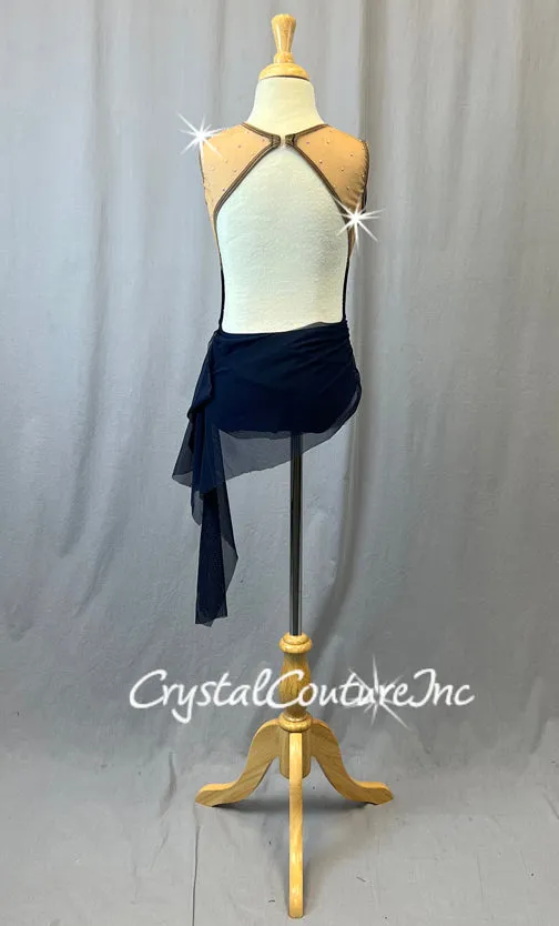 Navy Leotard with Open Back and Asymmetrical Mesh Skirt - Rhinestones