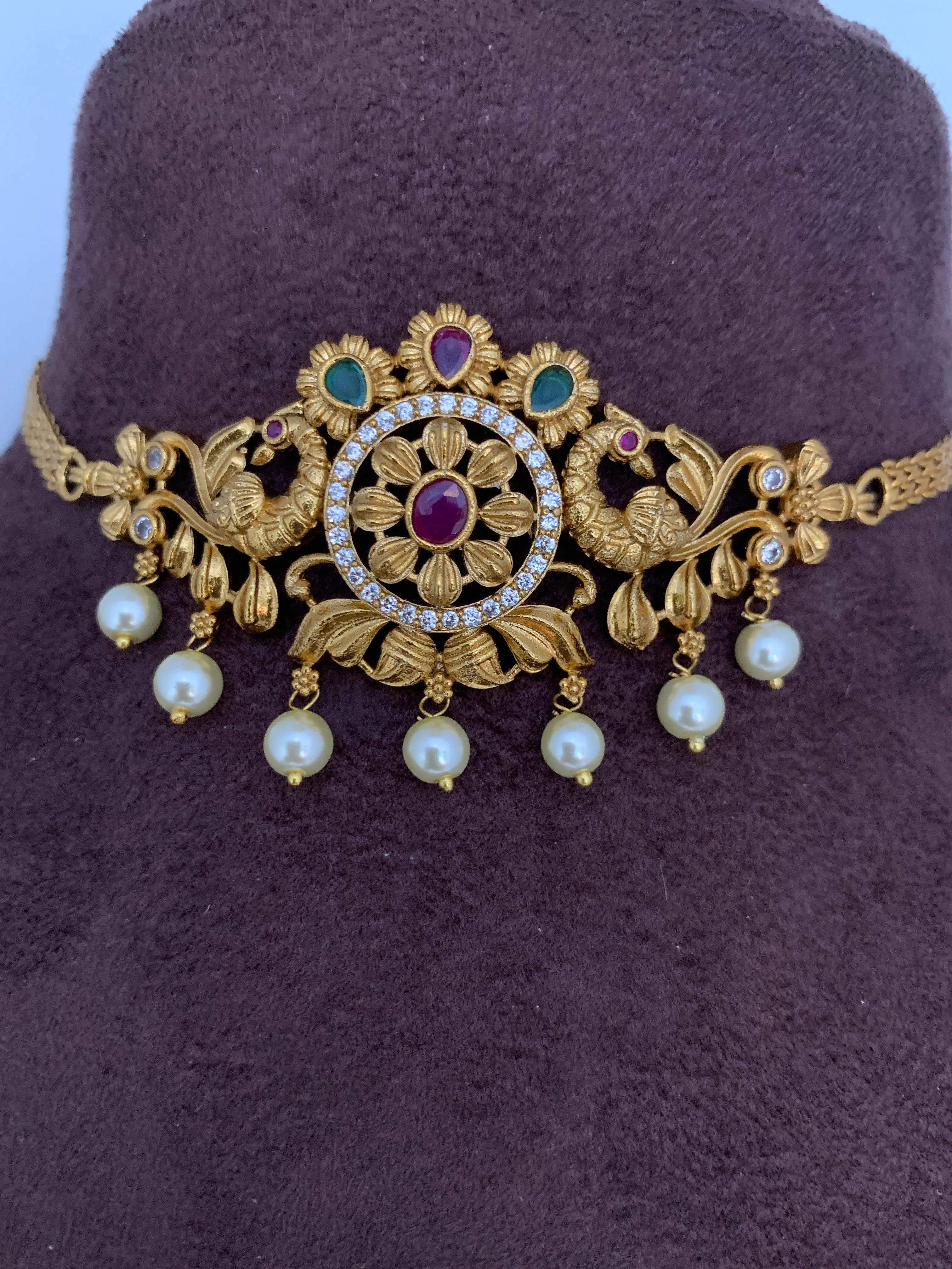 Peacock Multi Stone Choker with matching jhumkis