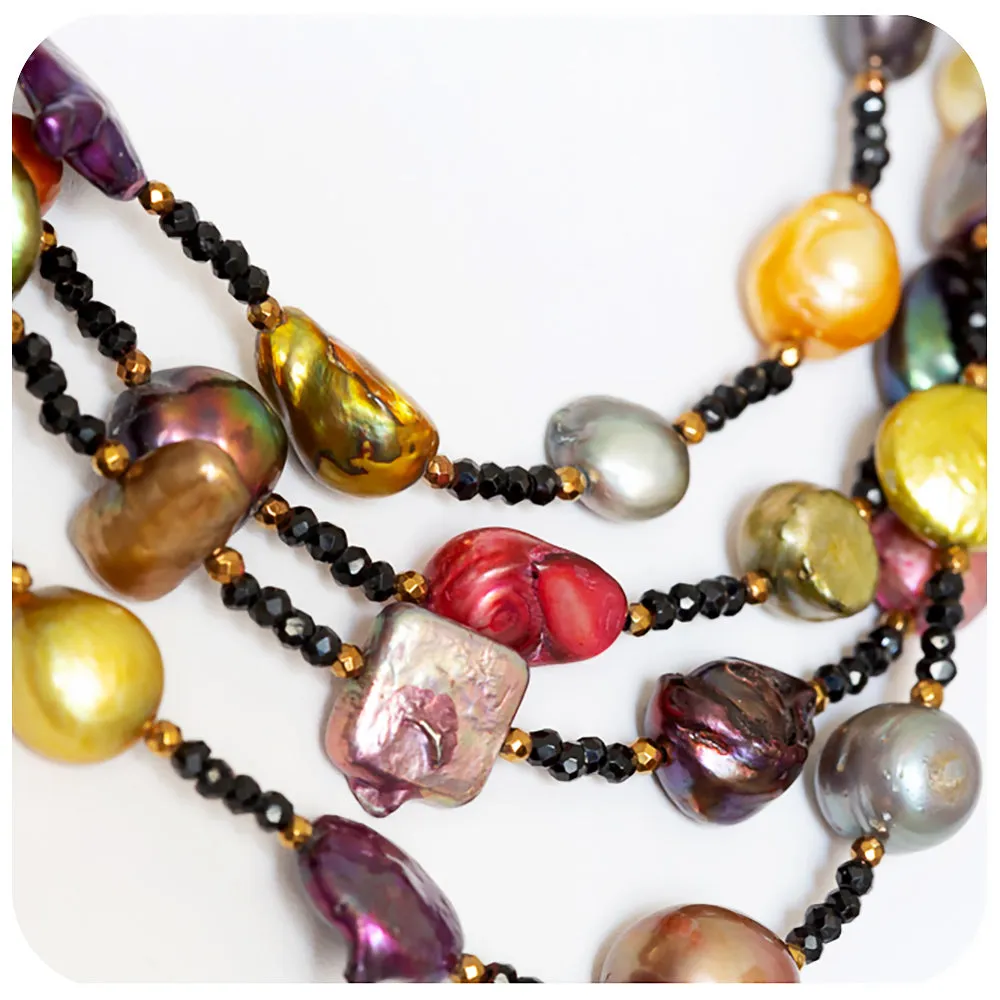White Fresh Water Pearl, Onyx and Multi-Colour Biwa Pearl Necklace