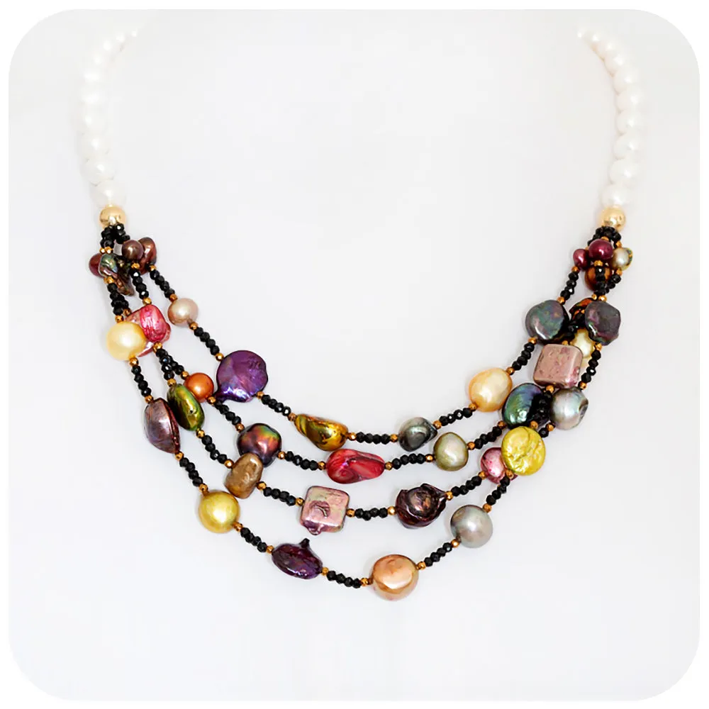 White Fresh Water Pearl, Onyx and Multi-Colour Biwa Pearl Necklace