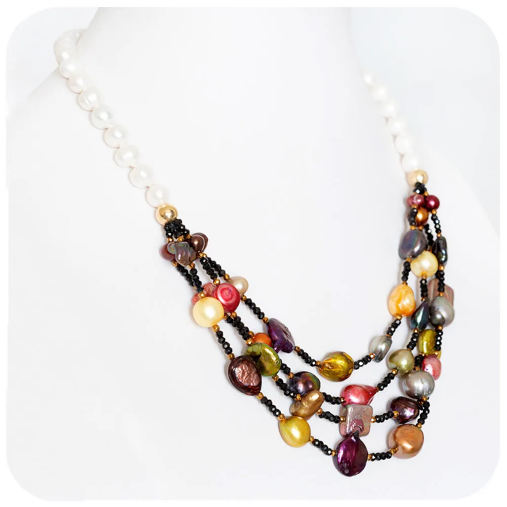 White Fresh Water Pearl, Onyx and Multi-Colour Biwa Pearl Necklace