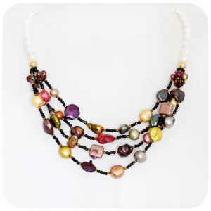 White Fresh Water Pearl, Onyx and Multi-Colour Biwa Pearl Necklace