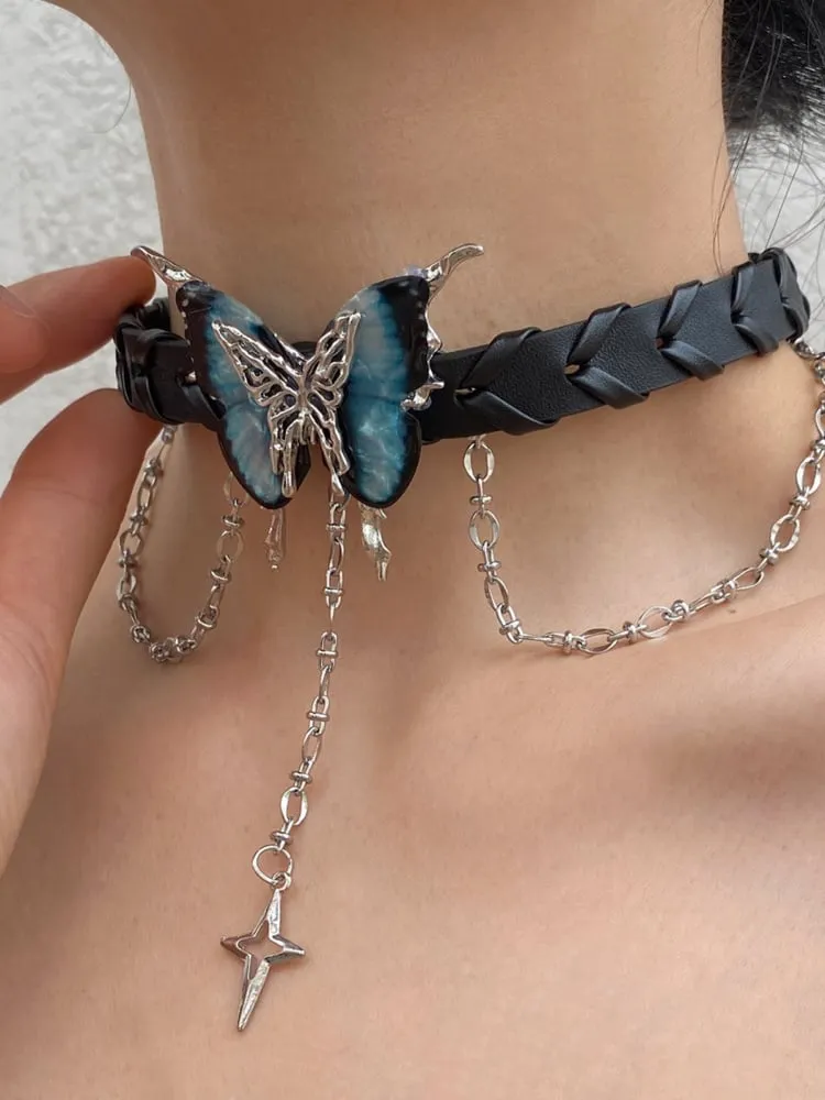 Y2K Blue Rhinestone Butterfly Star Choker